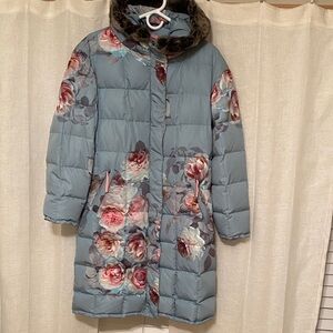 Sundance Blue Floral Puffer Coat with Faux Fur